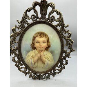 Vtg Ornate Oval Metal Framed Praying Child Print Convex Glass